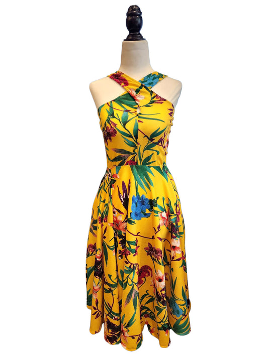 Isla Dress - Mustard Tropical Print - Retro Peaches