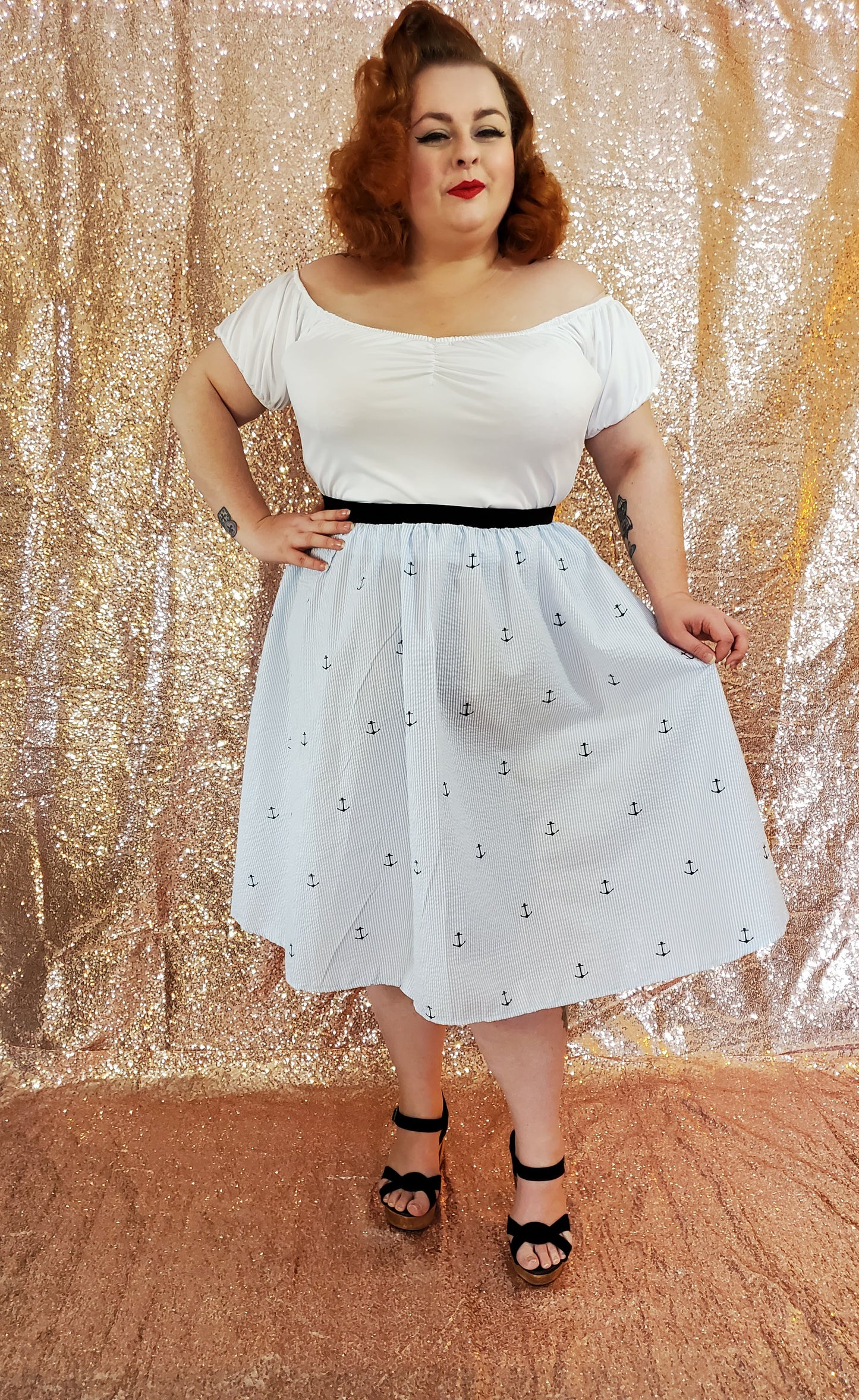 Edna Skirt - Anchor Print Seersucker - Retro Peaches